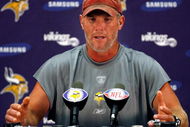 EDEN PRAIRIE, MN - AUGUST 18: Brett Favre talks with the media after his first practice with the Minnesota Vikings on August 18, 2009 at Winter Park in Eden Prairie, Minnesota.  (Photo by Scott A. Schneider/Getty Images)