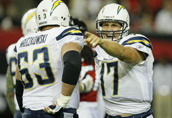 ATLANTA - AUGUST 29:  Quarterback Philip Rivers #17 of the San Diego Chargers argues an intentional grounding call during the game against the Atlanta Falcons at the Georgia Dome on August 29, 2009 in Atlanta, Georgia.  The Falcons beat the Chargers 27-24.  (Photo by Mike Zarrilli/Getty Images)
