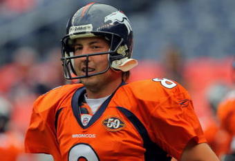 DENVER - AUGUST 30:  Quarterback Kyle Orton #8 of the Denver Broncos warms up prior to facing the Chicago Bears during preseason NFL action at INVESCO Field at Mile High on August 30, 2009 in Denver, Colorado. The Bears defeated the Broncos 27-17.  (Photo by Doug Pensinger/Getty Images)