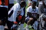 ENGLEWOOD, CO - JUNE 12:  Free agent running back Correll Buckhalter #28 chats with first round draft pick running back Knowshon Moreno #27 of the Denver Broncos during minicamp practice at the Broncos Dove Valley training facility on June 12, 2009 in Englewood, Colorado.  (Photo by Doug Pensinger/Getty Images)