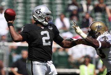 OAKLAND, CA - AUGUST 29:  Quarterback JaMarcus Russell #2 of the Oakland Raiders passes against the New Orleans Saints during an NFL preseason game at Oakland-Alameda County Coliseum on August 29, 2009 in Oakland, California.  (Photo by Jed Jacobsohn/Getty Images)