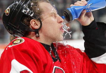 OTTAWA, CANADA - DECEMBER 17: Dany Heatley #15 of the Ottawa Senators drinks water during the game against the Toronto Maple Leafs  on December 17, 2005 at the Corel Centre in Ottawa, Canada. The Senators defeated the Maple Leafs 8-2. (Photo by: Phillip MacCallum/Getty Images)