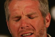GREEN BAY, WI - MARCH 06: Quarterback Brett Favre of the Green Bay Packers announces his retirement at a press conference on March 6, 2008 at Lambeau Field in Green Bay, Wisconsin. (Photo by Jonathan Daniel/Getty Images)