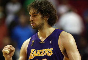 ORLANDO, FL - JUNE 11:  Pau Gasol #16 of the Los Angeles Lakers reacts in overtime before defeating the Orlando Magic 99-91 in Game Four of the 2009 NBA Finals on June 11, 2009 at Amway Arena in Orlando, Florida.  NOTE TO USER:  User expressly acknowledges and agrees that, by downloading and or using this photograph, User is consenting to the terms and conditions of the Getty Images License Agreement.  (Photo by Elsa/Getty Images)