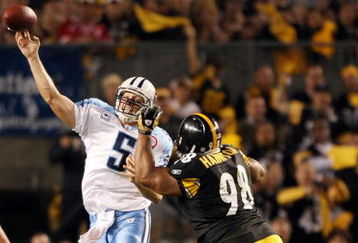 PITTSBURGH - SEPTEMBER 11:  Casey Hampton #98 of the Pittsburgh Steelers pressures Kerry Collins #5 of the Tennessee Titans on September 11, 2009 at Heinz Field in Pittsburgh, Pennsylvania. The Steelers defeated the Titans 13-10 in overtime.  (Photo by Elsa/Getty Images)