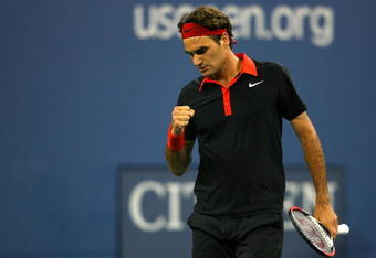 NEW YORK - SEPTEMBER 02:  Roger Federer of Switzerland reacts to a point against Simon Greul of Germany during day three of the 2009 U.S. Open at the USTA Billie Jean King National Tennis Center on September 2, 2009 in Flushing neighborhood of the Queens borough of New York City.  (Photo by Matthew Stockman/Getty Images)
