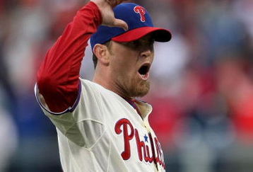 PHILADELPHIA - APRIL 08:  Brad Lidge #54 of the Philadelphia Phillies celebrates victory against the Atlanta Braves at Citizens Bank Park on April 8, 2009 in Philadelphia, Pennsylvania.  (Photo by Nick Laham/Getty Images)