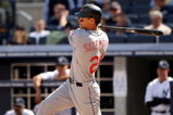 NEW YORK - APRIL 17:  Grady Sizemore #24 of the Cleveland Indians bats against the New York Yankees at Yankee Stadium on April 17, 2009 in the Bronx borough of New York City.  (Photo by Ezra Shaw/Getty Images)