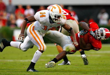 ATHENS, GA - OCTOBER 11:  Eric Berry #14 of the Tennessee Volunteers tackles Knowshon Moreno #24 of the Georgia Bulldogs during the game at Sanford Stadium on October 11, 2008 in Athens, Georgia.  (Photo by Kevin C. Cox/Getty Images)