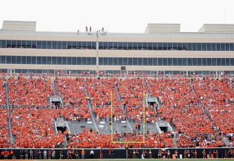 STILLWATER, OK - SEPTEMBER 05:  Fans of the Oklahoma State Cowboys fill the west endzone seats during the college football game against the Georgia Bulldogs at Boone Pickens Stadium on September 5, 2009 in Stillwater, Oklahoma.  The Cowboys defeated the Bulldogs 24-10.  (Photo by Christian Petersen/Getty Images)
