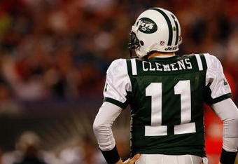 EAST RUTHERFORD, NJ - SEPTEMBER 3: Kellen Clemens #11 of the New York Jets waits during a time out during the game against the Philadelphia Eagles on September 3, 2009 at Giants Stadium in East Rutherford, New Jersey. (Photo by Jared Wickerham/Getty Images)