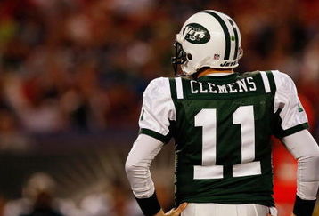 EAST RUTHERFORD, NJ - SEPTEMBER 3: Kellen Clemens #11 of the New York Jets waits during a time out during the game against the Philadelphia Eagles on September 3, 2009 at Giants Stadium in East Rutherford, New Jersey. (Photo by Jared Wickerham/Getty Images)