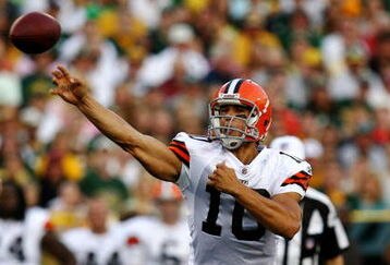GREEN BAY, WI - AUGUST 15:  Quarterback Brady Quinn #10 of the Cleveland Browns passes the ball against the Green Bay Packers during the preseason game at Lambeau Field on August 15, 2009 in Green Bay, Wisconsin. (Photo by Jonathan Daniel/Getty Images)