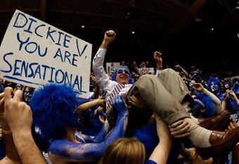 DURHAM, NC - FEBRUARY 11:  The Cameron Crazies of Duke clown around with Dick Vitale of ESPN before they face the North Carolina Tar Heels on February 11, 2009 at Cameron Indoor Stadium in Durham, North Carolina.  (Photo by Scott Halleran/Getty Images)