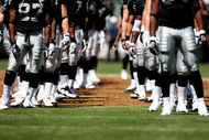 OAKLAND, CA - AUGUST 29: Member of the Oakland Raiders are introduced against the New Orleans Saints during an NFL preseason game at Oakland-Alameda County Coliseum on August 29, 2009 in Oakland, California.  (Photo by Jed Jacobsohn/Getty Images)