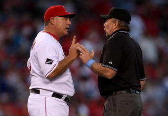 ANAHEIM, CA - JUNE 21:  Manager Mike Scioscia of the Los Angeles Dodgers argues with umpire Bob Davidson during the game on June 21, 2009 at Angel Stadium in Anaheim, California.   The Dodgers won 5-3. (Photo by Stephen Dunn/Getty Images)