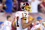 LANDOVER, MD - AUGUST 28:  Jason Campbell #17 of the Washington Redskins celebrates after a long completion during a preseason game against the New England Patriots at FedExField on August 28, 2009 in Landover, Maryland.  (Photo by Greg Fiume/Getty Images)