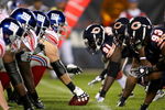 CHICAGO - AUGUST 22: The offensive line of the New York Giants waits to take on the defensive line of the Chicago Bears during a pre-season game on August 22, 2009 at Soldier Field in Chicago, Illinois. The Bears defeated the Giants 17-3. (Photo by Jonathan Daniel/Getty Images)