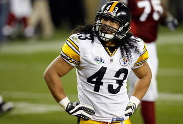 TAMPA, FL - FEBRUARY 01:  Safety Troy Polamalu #43 of the Pittsburgh Steelers looks on against the Arizona Cardinals during Super Bowl XLIII on February 1, 2009 at Raymond James Stadium in Tampa, Florida.  (Photo by Kevin C. Cox/Getty Images)
