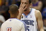 ORLANDO, FL - JUNE 14:  Hedo Turkoglu #15 of the Orlando Magic discusses a call with referee Dan Crawford in the first half against the Los Angeles Lakers in Game Five of the 2009 NBA Finals on June 14, 2009 at Amway Arena in Orlando, Florida.  NOTE TO USER:  User expressly acknowledges and agrees that, by downloading and or using this photograph, User is consenting to the terms and conditions of the Getty Images License Agreement.  (Photo by Elsa/Getty Images)