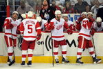 PITTSBURGH - JUNE 09:  Valtteri Filppula #51, Nicklas Lidstrom #5, Daniel Cleary #11 and Darren Helm #43 of the Detroit Red Wings look on from the bench while playing against the Pittsburgh Penguins during Game Six of the NHL Stanley Cup Finals at the Mellon Arena on June 9, 2009 in Pittsburgh, Pennsylvania.  (Photo by Harry How/Getty Images)