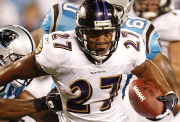 CHARLOTTE, NC - AUGUST 29: Running back Ray Rice #27 of the Baltimore Ravens breaks the tackle of linebacker James Anderson #50 the Carolina Panthers during their preseason game at Bank of America Stadium on August 29, 2009 in Charlotte, North Carolina. (Photo by Streeter Lecka/Getty Images)