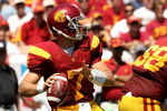 LOS ANGELES, CA - SEPTEMBER 05:  Quarterback Matt Barkley #7 of the USC Trojans throws a pass during the game against the San Jose State Spartans on September 5, 2009 at the Los Angeles Coliseum in Los Angeles, California.  The Trojans won 56-3.  (Photo by Stephen Dunn/Getty Images)