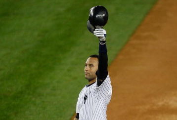 NEW YORK - SEPTEMBER 11: Derek Jeter #2 of the New York Yankees acknowledges the crowd after hitting a single to right field in the third inning during a game against the Baltimore Orioles at Yankee Stadium on September 11, 2009 in the Bronx borough of New York City. Jeter's hit was his 2,722nd, passing Lou Gehrig's all-time club record of 2,721. (Photo by Jared Wickerham/Getty Images)