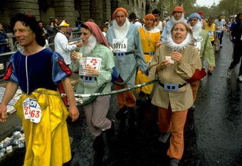 21 Apr 1991:  'Snow White and the Seven Dwarfs' in action during the ADT London Marathon.    \ Mandatory Credit: Allsport UK /Allsport