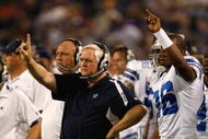 MINNEAPOLIS, MN - SEPTEMBER 4:  Head coach Wade Phillips of the Dallas Cowboys signals a play from the sidelines during action against the Minnesota Vikings at Hubert H. Humphrey Metrodome on September 4, 2009 in Minneapolis, Minnesota. The Cowboys defeated the Vikings 35-31. (Photo by Scott Boehm/Getty Images)