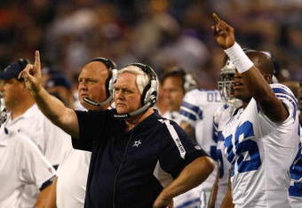 MINNEAPOLIS, MN - SEPTEMBER 4:  Head coach Wade Phillips of the Dallas Cowboys signals a play from the sidelines during action against the Minnesota Vikings at Hubert H. Humphrey Metrodome on September 4, 2009 in Minneapolis, Minnesota. The Cowboys defeated the Vikings 35-31. (Photo by Scott Boehm/Getty Images)