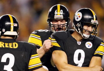 PITTSBURGH - SEPTEMBER 11:  Daniel Sepulveda #9 and Greg Warren #60 of the Pittsburgh Steelers celebrates teammate Jeff Reed's game winning field goal in overtime against the Tennessee Titans on September 11, 2009 at Heinz Field in Pittsburgh, Pennsylvania. The Steelers defeated the Titans 13-10 in overtime.  (Photo by Elsa/Getty Images)