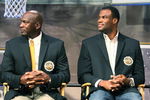 SPRINGFIELD, MA - SEPTEMBER 11:  Hall of Fame inductees Michael Jordan and David Robinson react during a  press conference at the Naismith Memorial Basketball Hall of Fame on September 11, 2009 in Springfield, Massachusetts. (Photo by Jim Rogash/Getty Images)
