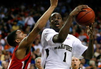 ATLANTA - MARCH 13:  Al-Farouq Aminu #1 of the Wake Forest Demon Deacons drives against Cliff Tucker #24 of the Maryland Terrapins during day two of the 2009 ACC Men's Basketball Tournament on March 13, 2009 at the Georgia Dome in Atlanta, Georgia.  (Photo by Kevin C. Cox/Getty Images)