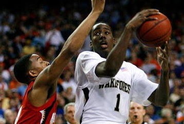 ATLANTA - MARCH 13:  Al-Farouq Aminu #1 of the Wake Forest Demon Deacons drives against Cliff Tucker #24 of the Maryland Terrapins during day two of the 2009 ACC Men's Basketball Tournament on March 13, 2009 at the Georgia Dome in Atlanta, Georgia.  (Photo by Kevin C. Cox/Getty Images)