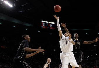 PORTLAND, OR - MARCH 21:  Venoy Overton #1 of the Washington Huskies goes up for a shot against Keaton Grant #5 of the Purdue Boilermakers in the first half during the second round of the NCAA Division I Men's Basketball Tournament at the Rose Garden on March 21, 2009 in Portland, Oregon.  (Photo by Jonathan Ferrey/Getty Images)