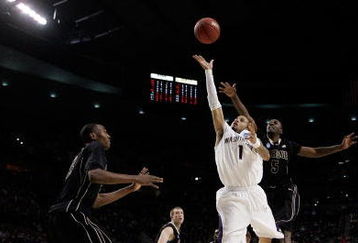 PORTLAND, OR - MARCH 21:  Venoy Overton #1 of the Washington Huskies goes up for a shot against Keaton Grant #5 of the Purdue Boilermakers in the first half during the second round of the NCAA Division I Men's Basketball Tournament at the Rose Garden on March 21, 2009 in Portland, Oregon.  (Photo by Jonathan Ferrey/Getty Images)