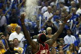 ORLANDO, FL - MAY 24:  LeBron James #23 of the Cleveland Cavaliers throws chalk in the air before the game against the Orlando Magic in Game Three of the Eastern Conference Finals during the 2009 NBA Playoffs at the the Amway Arena on May 24, 2009 in Orlando, Florida. NOTE TO USER: User expressly acknowledges and agrees that, by downloading and or using this photograph, User is consenting to the terms and conditions of the Getty Images License Agreement.  (Photo by Elsa/Getty Images)