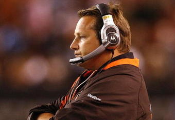 CLEVELAND - AUGUST 22:  Head Coach Eric Mangini of the Cleveland Browns watches his team against the Detroit Lions during the third quarter of their NFL game on August 22, 2009 in Cleveland, Ohio.  (Photo by Matt Sullivan/Getty Images)