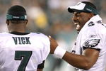 PHILADELPHIA, PA - AUGUST 27:  Michael Vick #7 and Donovan McNabb #5 of the Philadelphia Eagles share a laugh at the end of the preseason game against the Jacksonville Jaguars at Lincoln Financial Field on August 27, 2009 in Philadelphia, Pennsylvania.  (Photo by Jim McIsaac/Getty Images)
