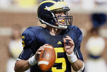 ANN ARBOR, MI - SEPTEMBER 05:  Tate Forcier #5 of the Michigan Wolverines gets ready to throw a second quarter pass while playing the Western Michigan Broncos on September 5, 2009 at Michigan Stadium in Ann Arbor, Michigan.  (Photo by Gregory Shamus/Getty Images)