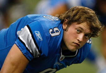 DETROIT, MI - AUGUST 15: Quarterback Matthew Stafford #9 of the Detroit Lions stretches in warm ups prior to the game against the Atlanta Falcons at Ford Field on August 15, 2009 in Detroit, Michigan. (Photo by Scott Boehm/Getty Images)
