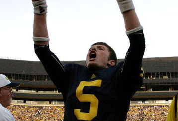 ANN ARBOR, MI - SEPTEMBER 12:  Quarterback Tate Forcier #5 celebrates with seconds left in the game against Notre Dame at Michigan Stadium on September 12, 2009 in Ann Arbor, Michigan.  (Photo by Domenic Centofanti/Getty Images)