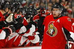 OTTAWA - FEBRUARY 26:  Dany Heatley #15 and Mike Fisher #12 of the Ottawa Senators celebrate a goal against the San Jose Sharks in a game on February 26, 2009 at the Scotiabank Place in Ottawa, Canada. (Photo by Phillip MacCallum/Getty Images)