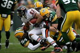 GREEN BAY, WI - NOVEMBER 16:  Running back Matt Forte #22 of the Chicago Bears is stopped by linebackers A.J. Hawk #50 and Brandon Chillar #53 of the Green Bay Packers during the NFL game at Lambeau Field on November 16, 2008 in Green Bay, Wisconsin.  (Photo by Doug Pensinger/Getty Images)