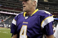 HOUSTON - AUGUST 31:  Quarterback Brett Favre #4 of the Minnesota Vikings leaves the field after leading the Vikings to a 17-10 win over the Houston Texans at Reliant Stadium on August 31, 2009 in Houston, Texas.  (Photo by Bob Levey/Getty Images)