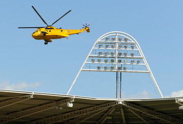 HULL, ENGLAND - AUGUST 22:  An RAF helecopter flys low over the stadium during the Barclays Premier League match between Hull City and Bolton Wanderers at the KC Stadium on August 22, 2009 in Hull, England.  (Photo by Michael Regan/Getty Images)