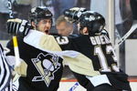PITTSBURGH - MAY 06:  Kris Letang #58 and Bill Guerin #13 of the Pittsburgh Penguins celebrate Letang's overtime goal against the Washington Capitals during Game Three of the Eastern Conference Semifinal Round of the 2009 Stanley Cup Playoffs at Mellon Arena on May 6, 2009 in Pittsburgh, Pennsylvania. The Penguins defeated the Capitals 3-2.  (Photo by Jamie Sabau/Getty Images)