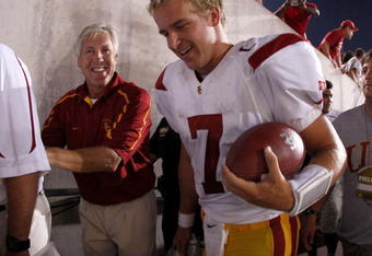 COLUMBUS, OH - SEPTEMBER 13:  Head coach Pete Carroll and Matt Barkley #7 of the Southern California Trojans leave the field after defeating the Ohio State Buckeyes 18-15 on September 13, 2009 at Ohio Stadium in Columbus, Ohio.  (Photo by Gregory Shamus/Getty Images)
