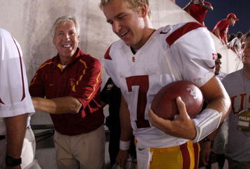 COLUMBUS, OH - SEPTEMBER 13:  Head coach Pete Carroll and Matt Barkley #7 of the Southern California Trojans leave the field after defeating the Ohio State Buckeyes 18-15 on September 13, 2009 at Ohio Stadium in Columbus, Ohio.  (Photo by Gregory Shamus/Getty Images)
